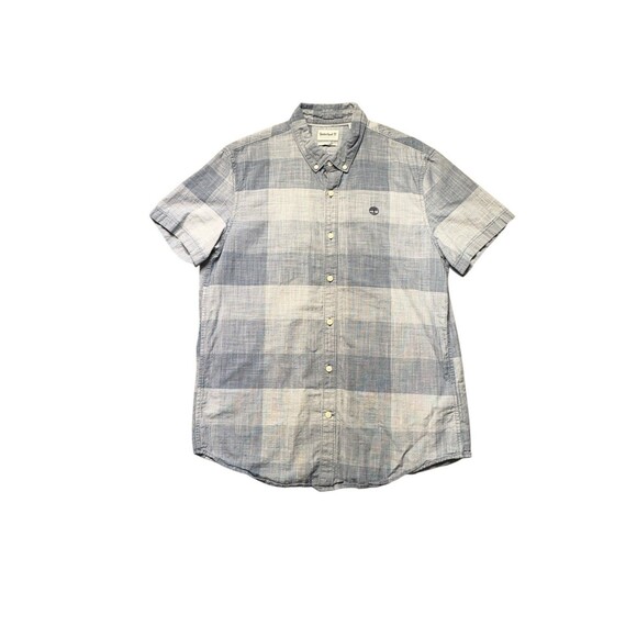 Timberland Slim Fit Plaid Shirt Men’s L Blue Gray Short Sleeve Button Down - Picture 1 of 8
